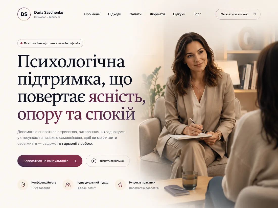 Десктопний перший екран продаючого сайту психолога